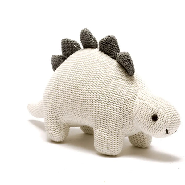 Knitted White Stegosaurus Baby Rattle