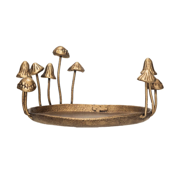 Decorative Cast Iron Tray w/ Mushrooms, Antique Gold Finish